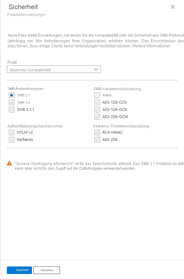 Screenshot: Dialogfeld zum Ändern der SMB-Sicherheitseinstellungen für SMB-Protokollversionen, SMB-Kanalverschlüsselung, Authentifizierungsmechanismen und Kerberos-Ticketverschlüsselung.