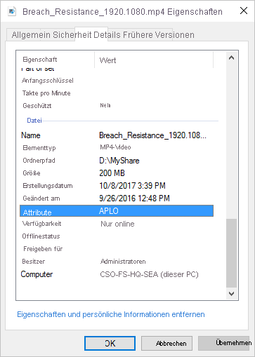 Dialogfeld „Eigenschaften“ einer Datei mit ausgewählter Registerkarte „Details“