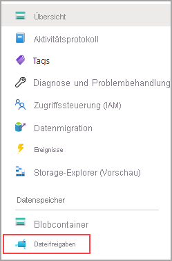 Screenshot: Auswählen von „Dateifreigaben“ im Speicherkontobereich