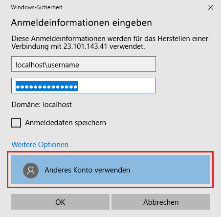 Screenshot: VM-Anmeldeaufforderung mit Hervorhebung der Option „Weitere Optionen“