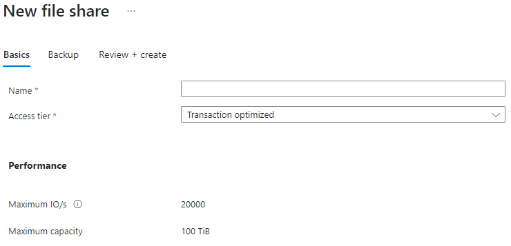 Screenshot: Registerkarte „Grundlagen“ auf dem Blatt „Neue Dateifreigabe“ für ein Speicherkonto mit nutzungsbasierter Bezahlung