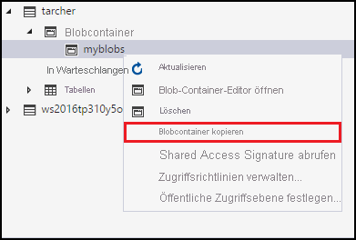 Copy blob container context menu