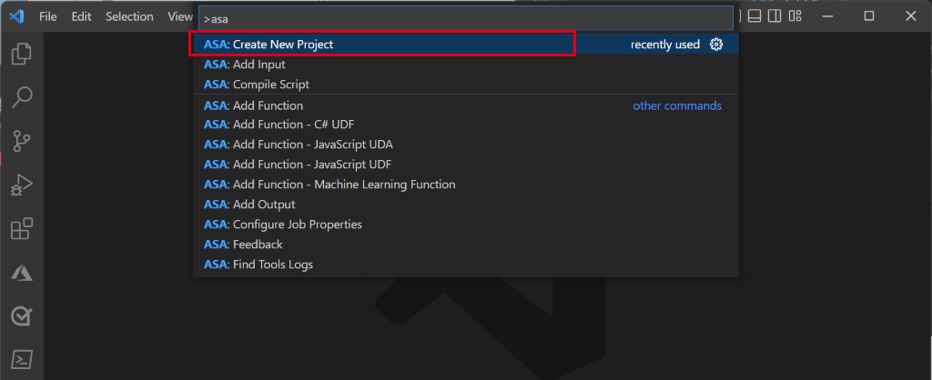 Screenshot: Auswahl von ASA: „Neues Projekt erstellen“ in der Befehlspalette