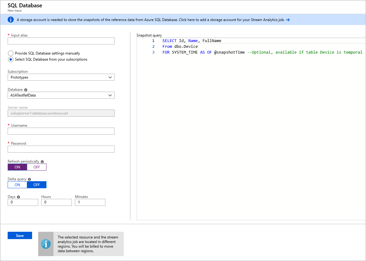 When SQL Database is selected, the SQL Database New input page appears. There is a configuration form in the left pane, and a Snapshot query in the right pane.