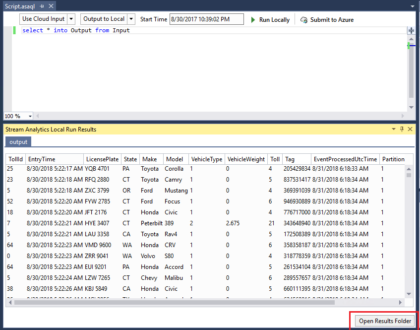 Azure Stream Analytics Visual Studio mit geöffnetem Ergebnisordner