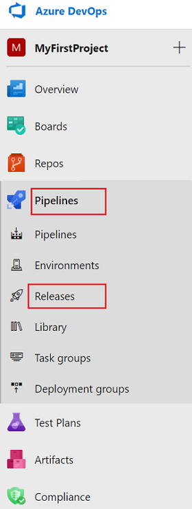 Screenshot, der die Auswahl von Pipelines und dann Releases im Azure DevOps-Menü zeigt.