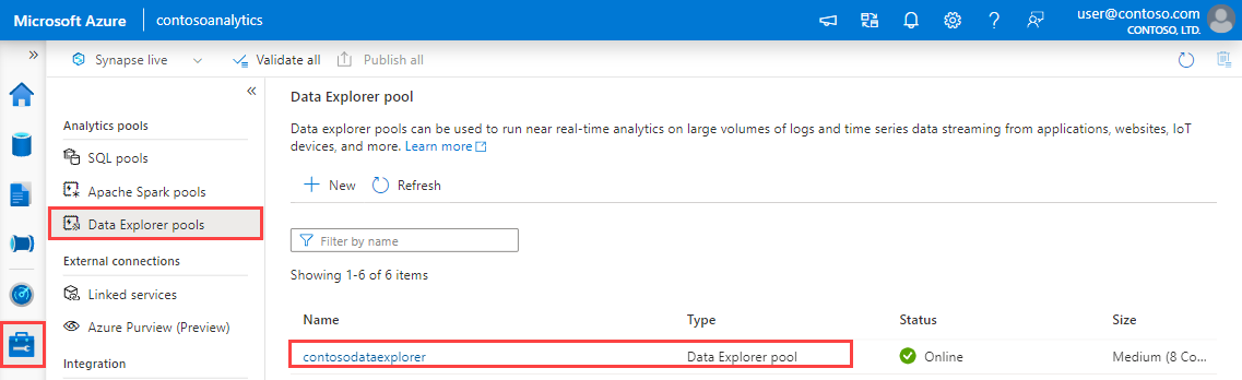 Screenshot: Bildschirm des Data Explorer-Pools mit einer Liste der vorhandenen Pools