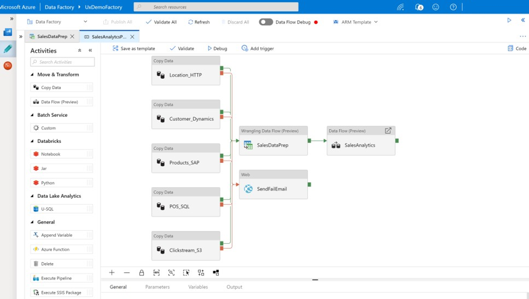 Screenshot eines Beispiels einer Data Factory-Pipeline.