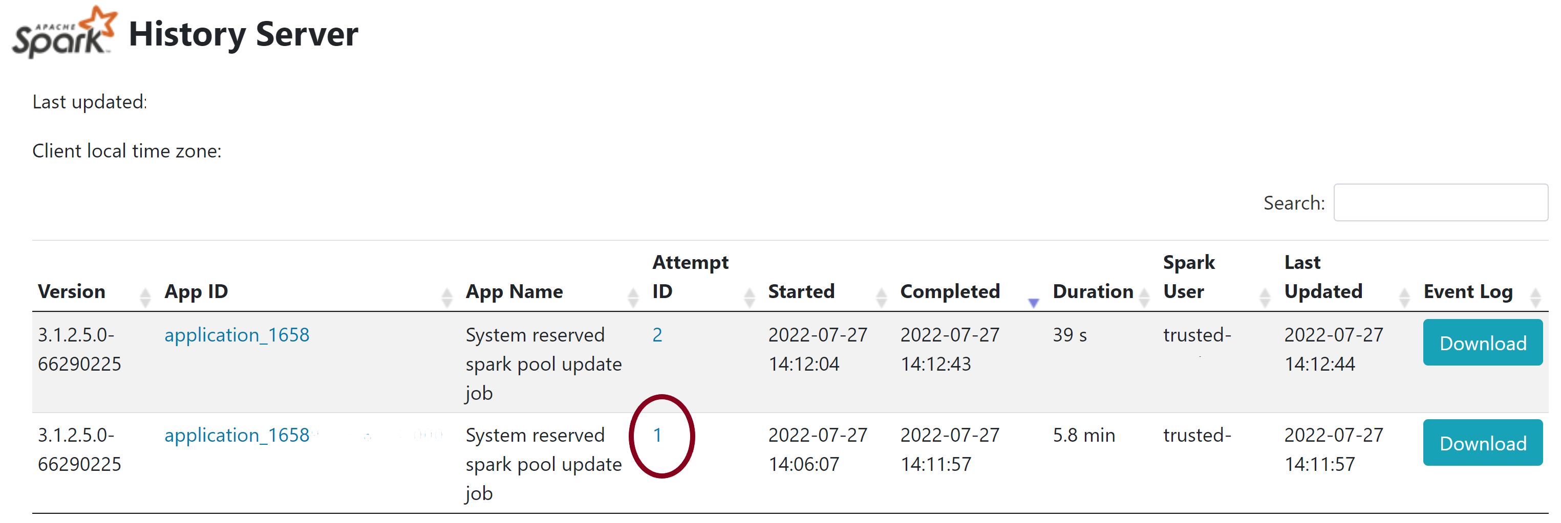 Screenshot mit hervorgehobenen Details zum Executor auf der Seite für den Spark-Verlaufsserver für den fehlerhaften im System reservierten Bibliotheksauftrags