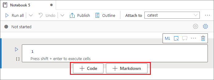 Screenshot der Schaltflächen „Code“ und „Markdown“ in einem Synapse-Notebook.