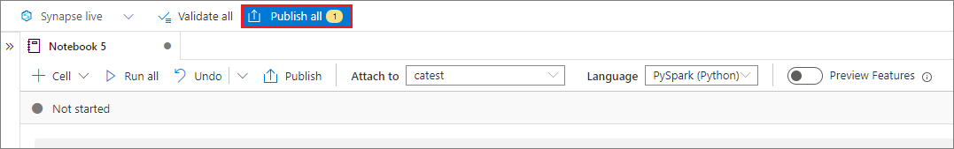Screenshot der Schaltfläche zum Veröffentlichen von Änderungen an allen Notebooks in einem Synapse-Arbeitsbereich.