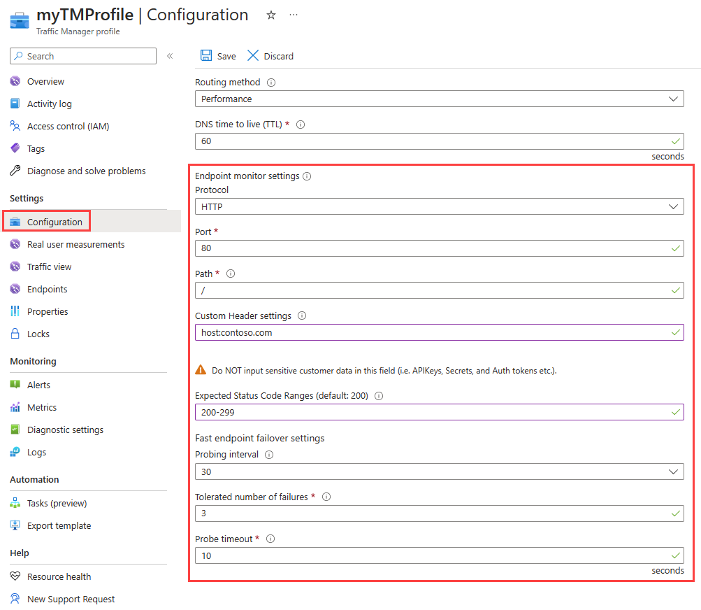 Screenshot zeigt die Traffic Manager-Konfiguration im Azure-Portal.