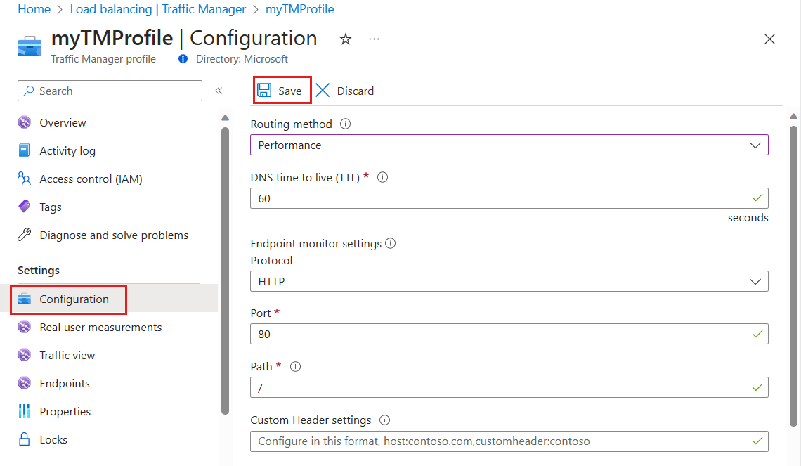 Screenshot der Konfiguration eines Traffic Manager-Profils mit Performance-Routing.