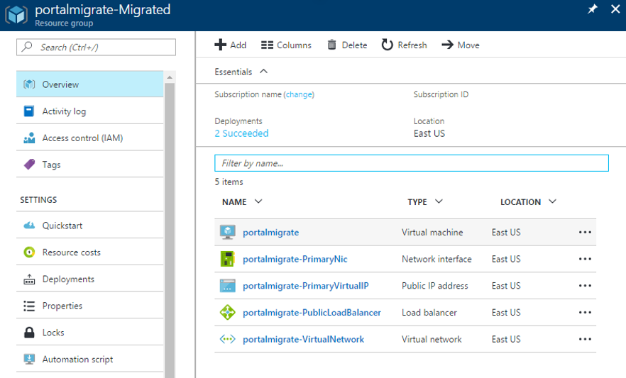 Screenshot der Azure Resource Manager-Ressourcen aus dem Vorbereitungsvorgang