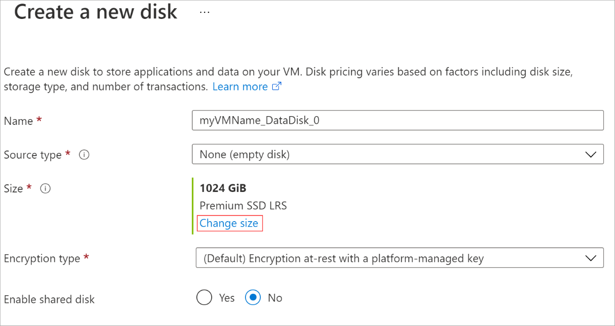 Screenshot des Blatts „Neuen Datenträger erstellen“ mit hervorgehobener Option zum Ändern der Größe.