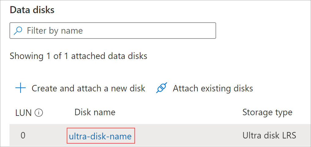 Screenshot des Datenträgerblatts Ihrer VM mit hervorgehobenem Disk Ultra-Datenträger.