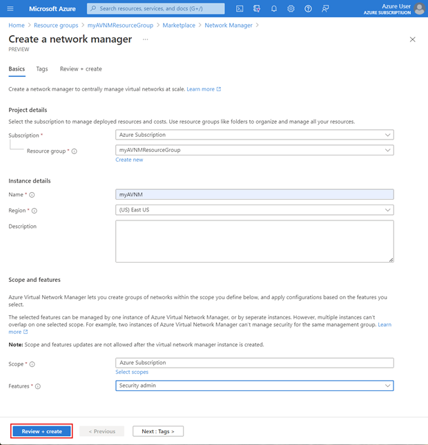 Screenshot: Seite „Grundlagen“ zum Erstellen einer Network Manager-Instanz.