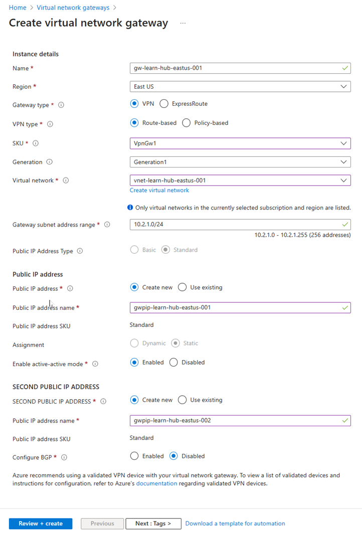 Screenshot: Registerkarte „Grundlagen“ auf der Seite zum Erstellen eines Gateways für virtuelle Netzwerke