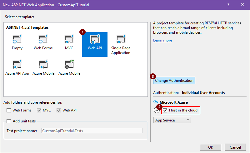 Screenshot mit dem Dialog „Neue ASP.NET-Webanwendung“.