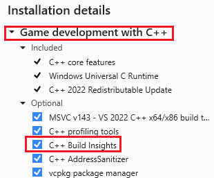 Screenshot des Visual Studio-Installers mit ausgewählter C++-Workload für die Spieleentwicklung.