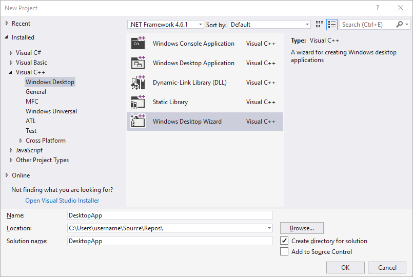 Screenshot: Dialogfeld „Neues Projekt“ in Visual Studio 2017. Das Element 