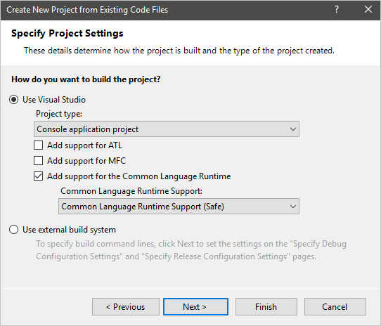 Dialogfeld „Create New Project from Existing Code“ (Neues Projekt aus vorhandenem Code erstellen) mit Einstellungen zum Projektbuild.