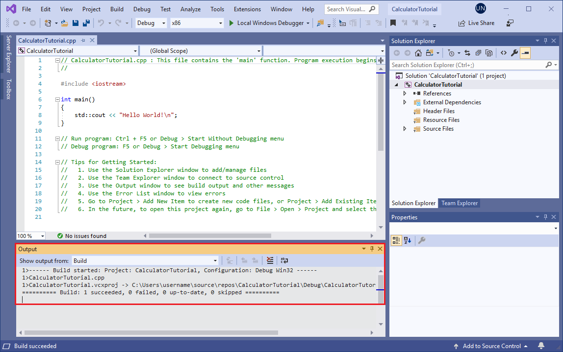 Screenshot des Visual Studio-Ausgabefensters. Es wird eine Meldung angezeigt, dass der Build erfolgreich war.