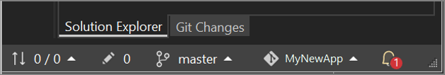 Screenshot der Statusleiste des Repositorys unter dem Bereich „Visual Studio Projektmappen-Explorer“ mit dem Branchnamen und der Anzahl der ausstehenden Änderungen