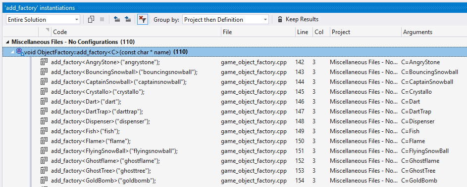 Screenshot der Liste der Instanziierungen der Vorlage im Code. Instanziierung, Datei, Ort und Argumente werden aufgelistet.