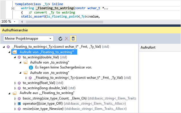 Screenshot of the Call Hierarchy window which shows calls to and from Floating_to_wstring(). For example, to_wstring() calls Floating_to_wstring().