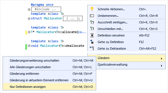 Screenshot of the outlining window shows the body of classes collapsed. Options for Collapse to Definitions, Toggle All Outlining, etc. are visible.