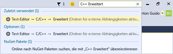 Screenshot des Suchfelds „Schnellstart“. Es zeigt die erweiterte Suche in C plus plus, die in Optionen für den Text-Editor resultiert.