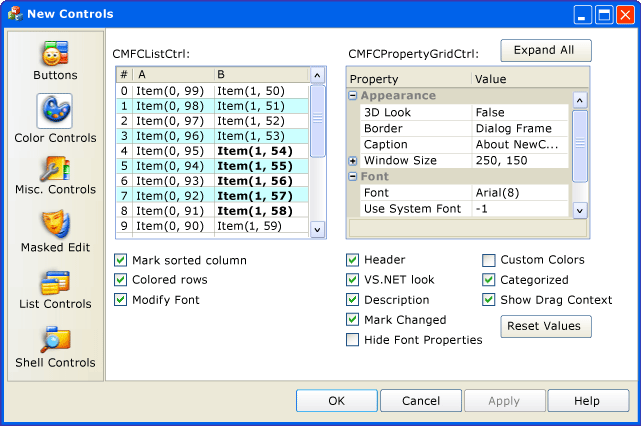 CMFCPropertySheet-Listen- und Eigenschaftensteuerelemente.