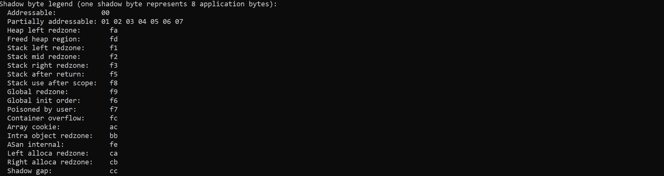 Screenshot der AddressSanitizer-Schatten-Byte-Legende.