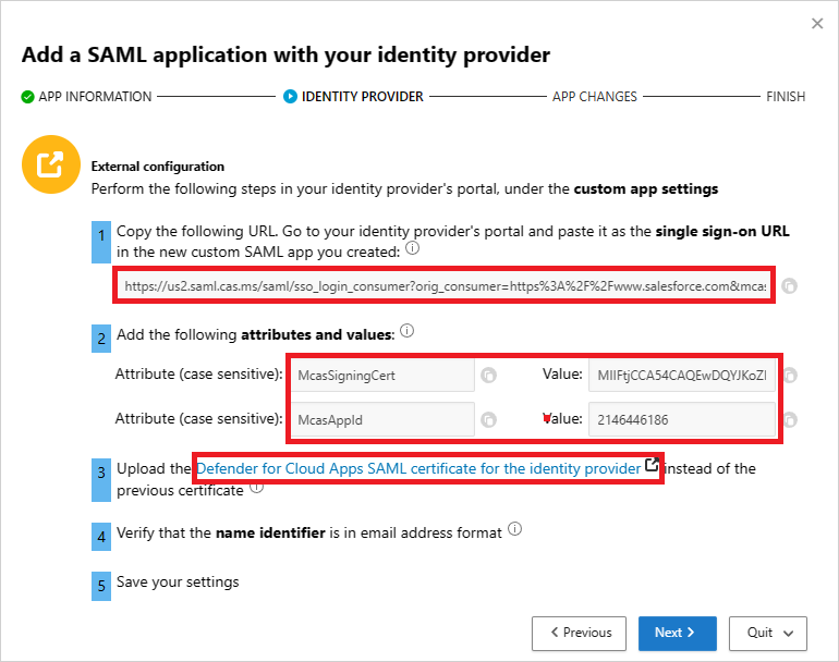 Notieren Sie sich in Defender for Cloud Apps die SSO-URL und die Attribute.