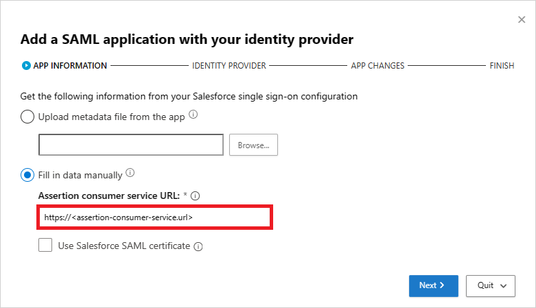 Geben Sie die Salesforce-SAML-Informationen manuell ein.