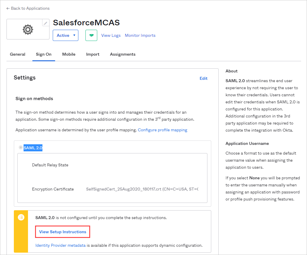 Notieren Sie sich den SSO-Dienststandort der vorhandenen Salesforce-App.