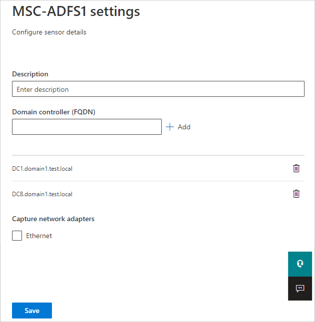 Screenshot der Auswahl zum Konfigurieren eines Active Directory-Verbunddienste (AD FS) Sensorlösers in Defender for Identity.