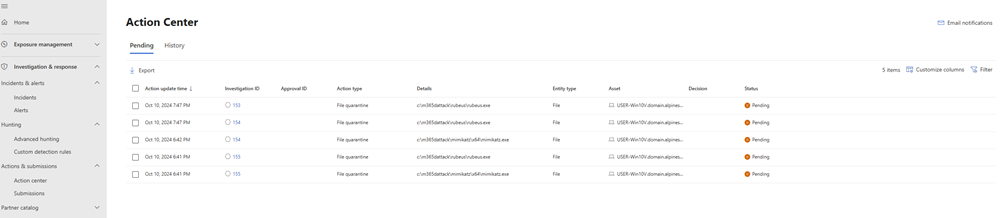 Screenshot des Info-Centers im Microsoft Defender-Portal.