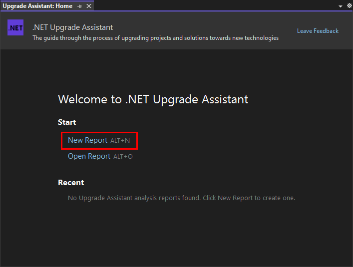 Die Willkommensseite des Assistenten zum Analysieren des Assistenten für .NET-Upgrades in Visual Studio. Der Link 