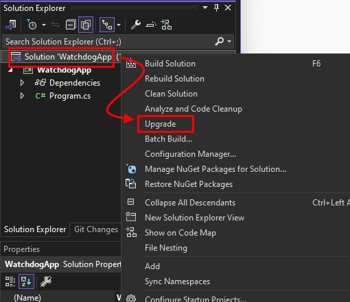 Das Projektmappen-Explorer Fenster in Visual Studio mit der rechten Maustaste auf das Menü der Projektmappe. Das Menüelement 