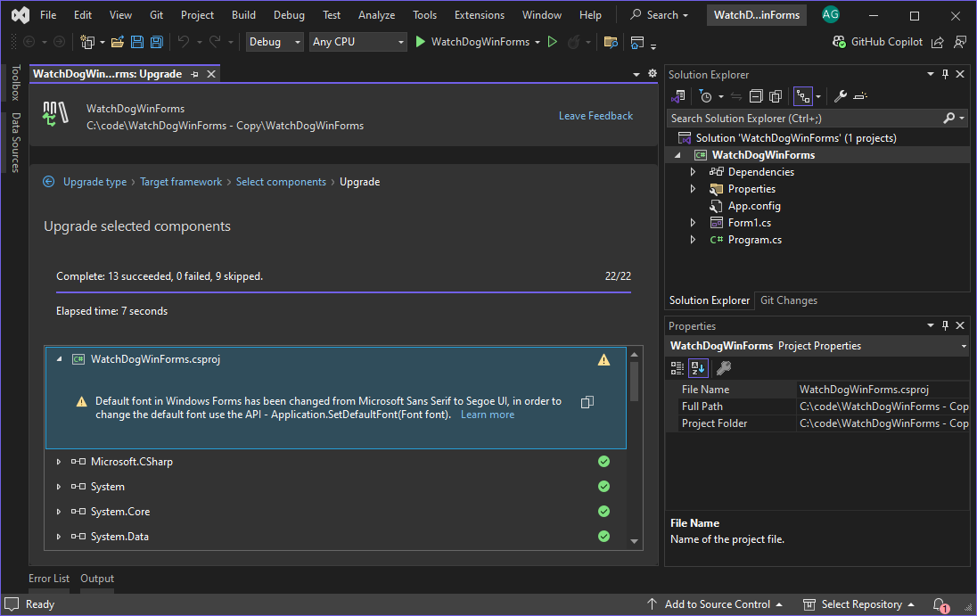 Die Registerkarte mit den Upgrade-Ergebnissen des .NET-Upgrade-Assistenten in Visual Studio.