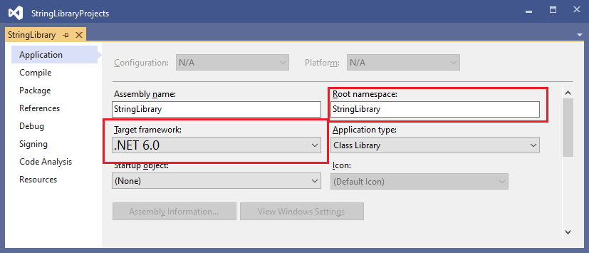 Project properties for the class library