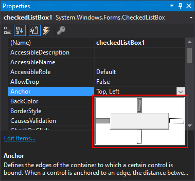 Visual Studio-Bereich „Eigenschaften“ in Windows Forms für .NET mit erweiterter Verankern-Eigenschaft