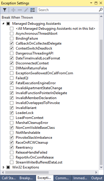 Fenster „Ausnahmeeinstellungen“ in Visual Studio