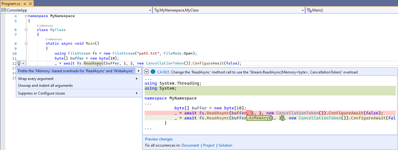 Codefix für CA1835: Bevorzugen von arbeitsspeicherbasierten Überladungen von ReadAsync-/WriteAsync-Methoden in streambasierten Klassen