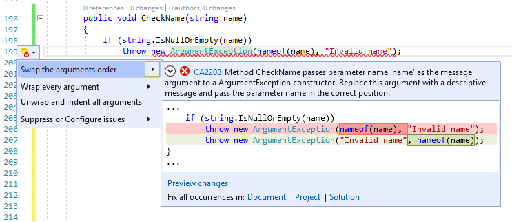 Codefix für CA2208: Tauschen von Argumenten