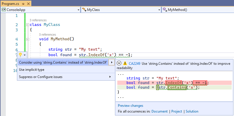 Codefix für CA2249: Erwägen Sie die Verwendung von 