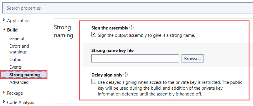 Visual Studio 2022: Projekteigenschaften, Abschnitt „Erstellen / Starke Namen“.