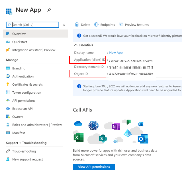 Screenshot der Anwendungs- oder Client-ID und der Objekt-ID auf der Seite „Neue App“
